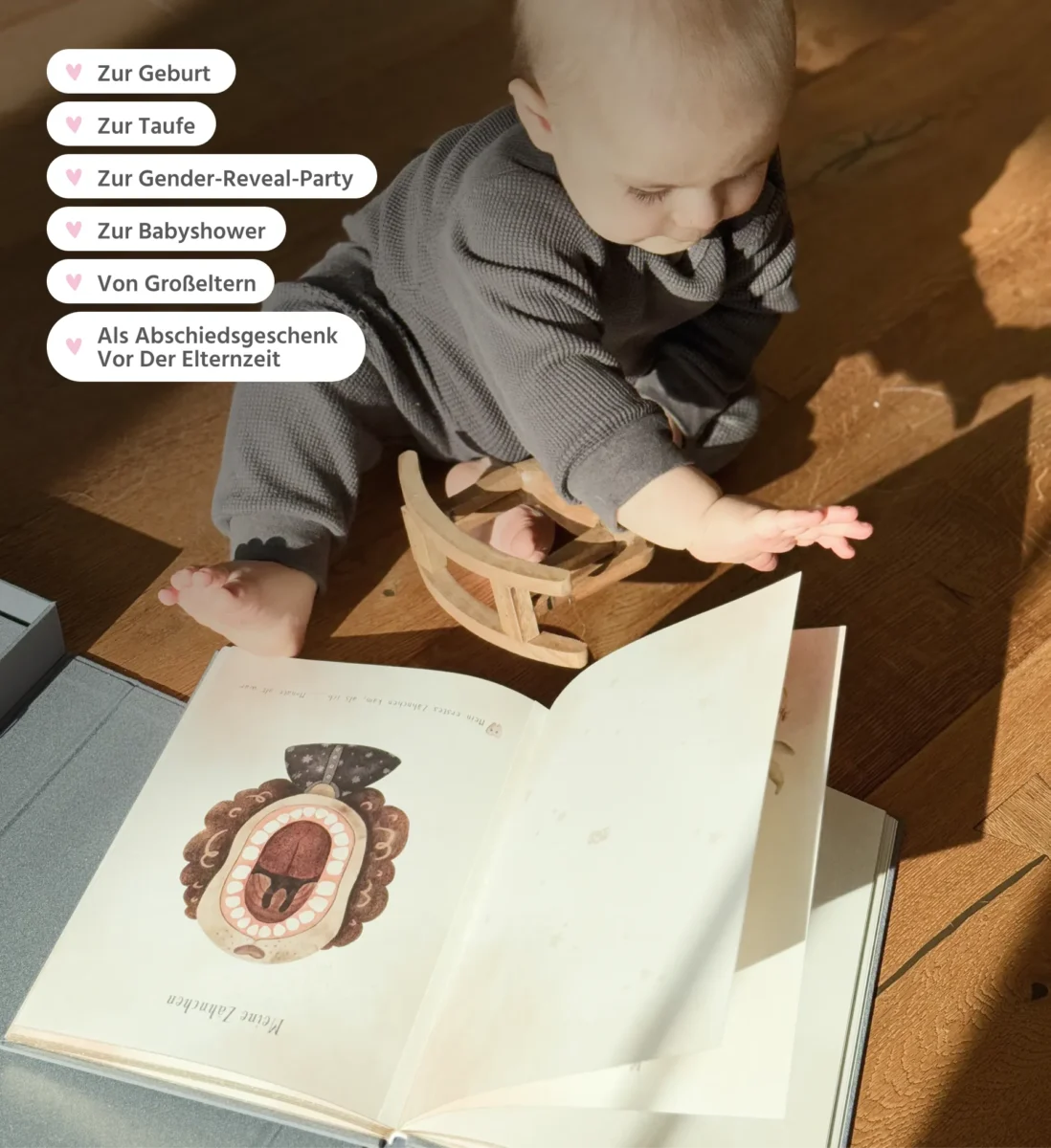 Übersicht der Anlässe für das Mriella Piccolo Babyalbum für Desktop – Ideales Geschenk zur Geburt, Taufe, Babyshower, Gender-Reveal-Party oder als Abschiedsgeschenk vor der Elternzeit.