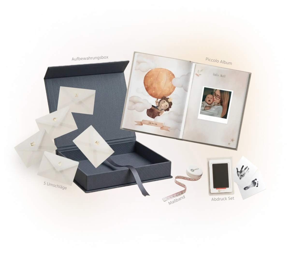 Mriella Keepsake Set mit Piccolo Album, Aufbewahrungsbox, fünf Erinnerungsumschlägen, Maßband und Abdruck Set