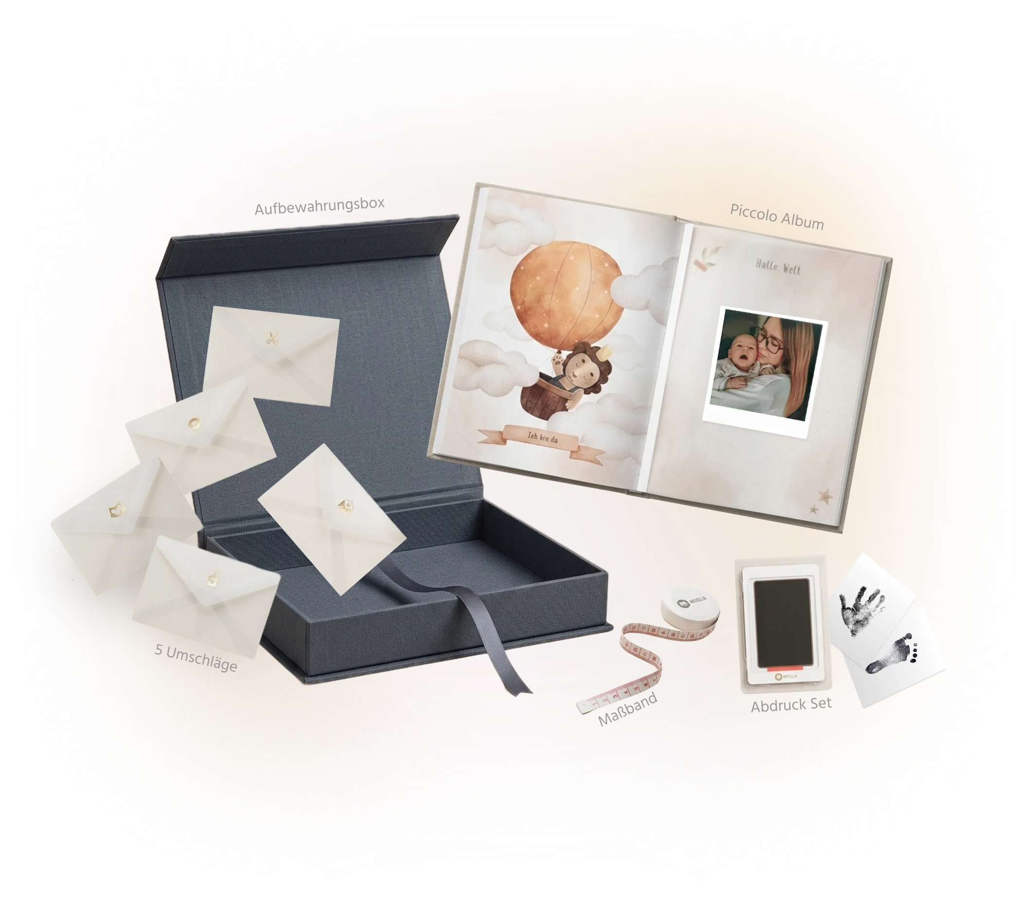 Mriella Piccolo Keepsake Set mit Aufbewahrungsbox, Album, Umschlägen, Maßband und Abdruck-Set