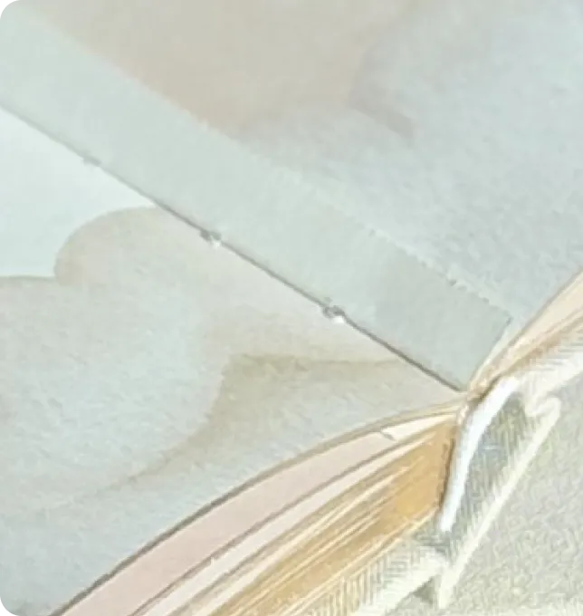 Detail der stabilen Fadenheftung mit Spacern zwischen den Seiten des Mriella Piccolo Albums.